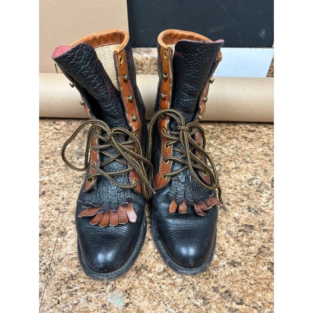 Vintage Justin USA Leather Kiltie Lace Up Boots Women’s 6B Black Brown Pebble